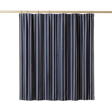 Lake Bridge Shower Curtain Hanging Flat From A Plain Rod - Navy