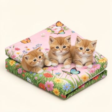 Kittens In Flower Meadow Field Happy Cats Family With Butterfly Kids Cartoon Sheet Set (synthetic illustration; no displayed measurements)