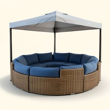 Patio Furniture Round Outdoor Sectional Sofa Set Rattan Daybed Sunbed With Retractable Canopy (synthetic illustration; no displayed measurements)