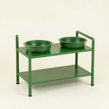 Pine Arc Pet Feeding Stand With Two Plain Empty Bowls (synthetic illustration; no displayed measurements)