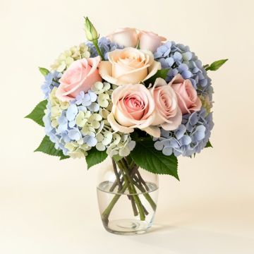 Silk Roses And Hydrangea Floral Arrangement In Glass Vase (synthetic illustration; no displayed measurements)
