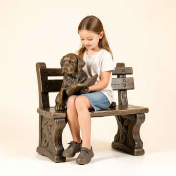 Young Girl With Her Puppy On Bench Reading Statue (synthetic illustration; no displayed measurements)