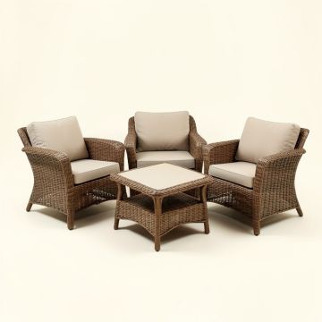 Ebern Designs 3Pcs Rattan Patio Conversation Set Outdoor Furniture Set W/ Table Cushion (synthetic illustration; no displayed measurements)