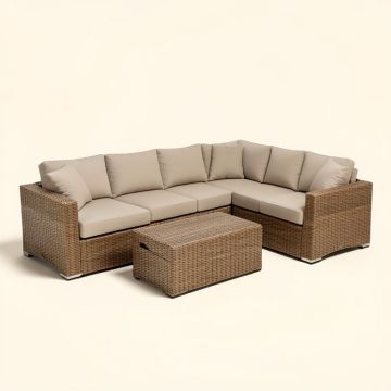 Troy Patio Furniture 5 Piece Rattan Sectional Seating Group With Cushions (synthetic illustration; no displayed measurements)