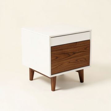 Revis Mid-Century Modern Two-Tone White And Walnut Finished 1 - Drawer Wood End Table (synthetic illustration; no displayed measurements)