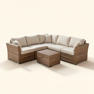 Danicia Outdoor Patio 6 Piece Rattan Sectional Seating Group With Cushions (synthetic illustration; no displayed measurements)