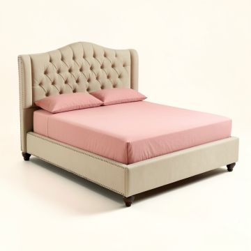 Button Tufted Wingback Standard King Bed With Nailhead Trim , Beige (synthetic illustration; no displayed measurements)