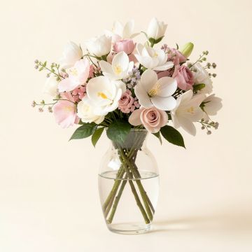 Real Touch Magnolia Floral Arrangement And Centerpiece In Glass Vase (synthetic illustration; no displayed measurements)