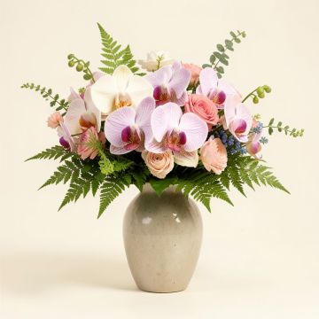 Fern And Foliage Orchid Floral Arrangement In Vase (synthetic illustration; no displayed measurements)