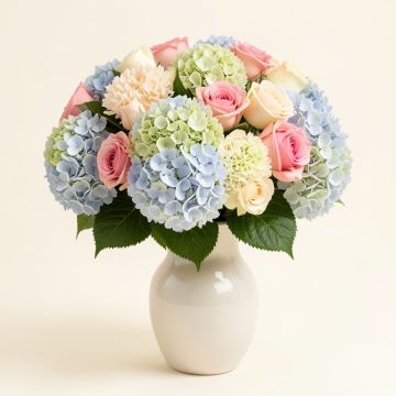 Hydrangeas And Roses Floral Arrangement In Vase (synthetic illustration; no displayed measurements)