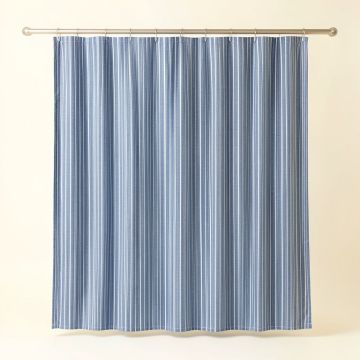 Oak Branch Shower Curtain Hanging Flat From A Plain Rod - Blue (synthetic illustration; no displayed measurements)