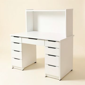 Writing Desk With 5 Drawers And Hutch Shelf , Modern Computer Workstation (synthetic illustration; no displayed measurements)