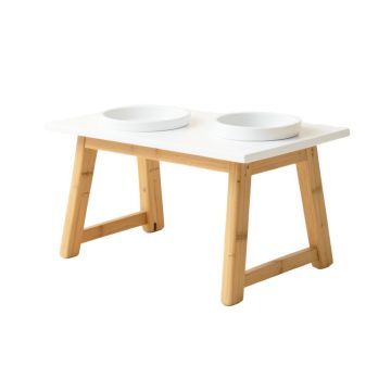Cedar Branch Pet Feeding Stand With Two Plain Empty Bowls - White