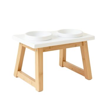 Hill Bridge Pet Feeding Stand With Two Plain Empty Bowls - White