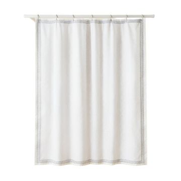 Birch Crossing Shower Curtain Hanging Flat From A Plain Rod - White
