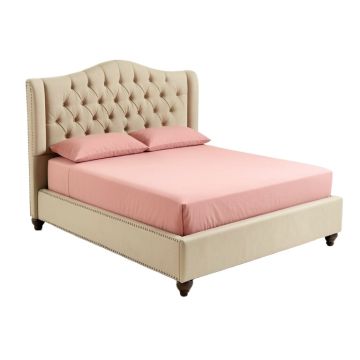 Button Tufted Wingback Standard King Bed With Nailhead Trim , Beige