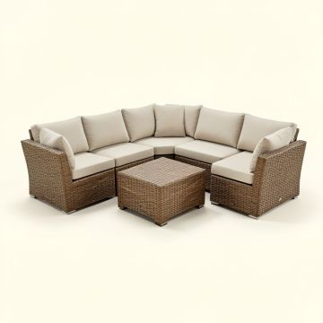 Falmouth 7 Piece Rattan Sectional Seating Group With Cushions (synthetic illustration; no displayed measurements)