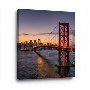 Panoramic Suspension Bridge With City Skyline At Dusk (synthetic illustration; no displayed measurements)