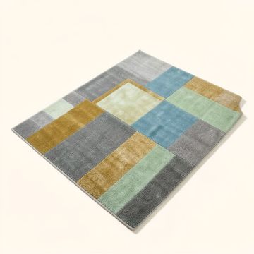 Ruby Constance Mid-Century Modern Geometric Squares Gray/Gold/Mint Blue Area Rug (synthetic illustration; no displayed measurements)