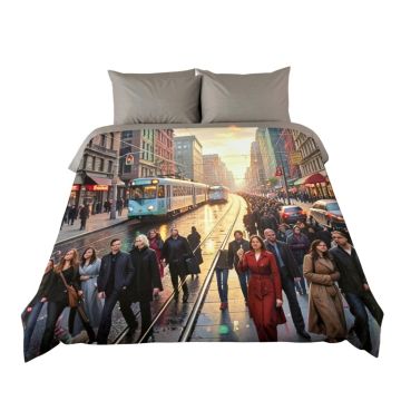 Fantasy Art Urban Abstract Picture With Tramway And Human Crowd Cityscape Traffic