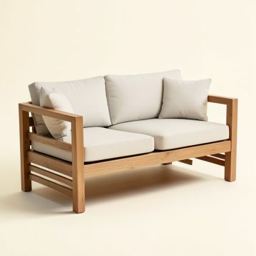 Eleanor Teak Patio Sofa With Cushions (synthetic illustration; no displayed measurements)
