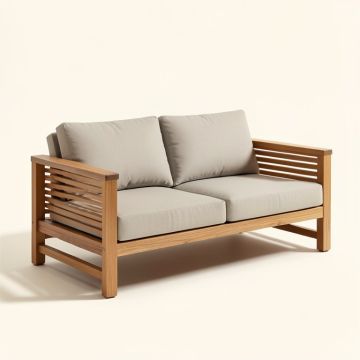 Montford Teak Patio Sofa With Cushions (synthetic illustration; no displayed measurements)