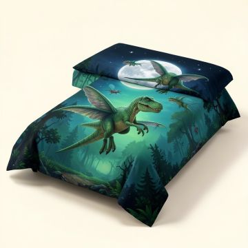 Dinosaur Cartoon Dinosaurs Flying On Full Moon Night Enchanted Forest Duvet Cover Set (synthetic illustration; no displayed measurements)