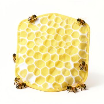 3Drose Pretty Honey Bees Around Bee Hive On Honeycomb Background Potholder (synthetic illustration; no displayed measurements)