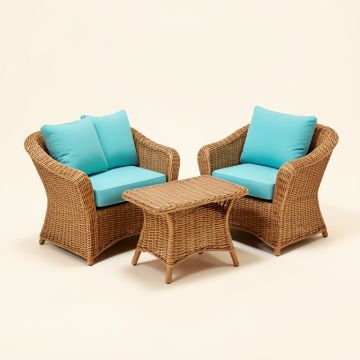Winston Porter Rattan Wicker Patio Conversation Set W/ Table Turquoise Cushion (synthetic illustration; no displayed measurements)