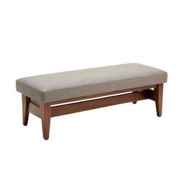 Cutts Mid-Century Modern Greyish Beige Fabric Upholstered Walnut Finished Bench