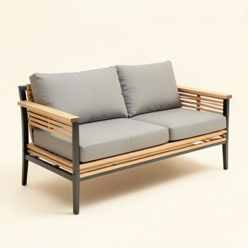 Marina Teak Patio Sofa With Cushions (synthetic illustration; no displayed measurements)