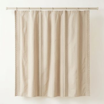 Ash Falls Shower Curtain Hanging Flat From A Plain Rod - Beige (synthetic illustration; no displayed measurements)