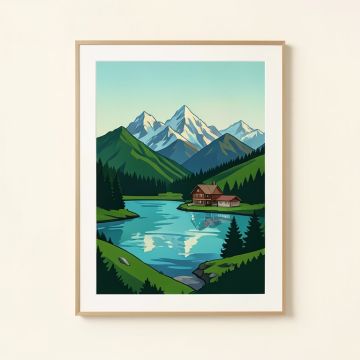 Paint By Number Mountain Cabin & Lake - Graphic Art Print On Paper (synthetic illustration; no displayed measurements)