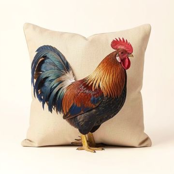 Blue Tail Rooster Throw Pillow (synthetic illustration; no displayed measurements)