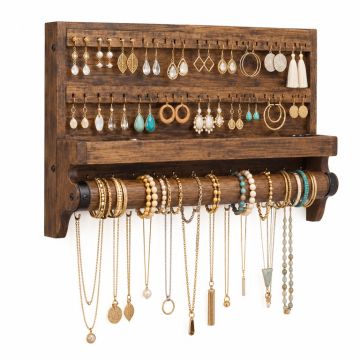 Rustic Jewelry Organizer With Bracelet Rod Wall Mounted - Wooden Wall Mount Holder For Earrings