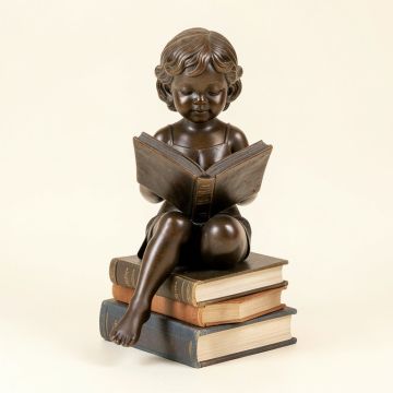 Bieber Girl Sitting On A Stack Of Books Reading A Book Statue (synthetic illustration; no displayed measurements)
