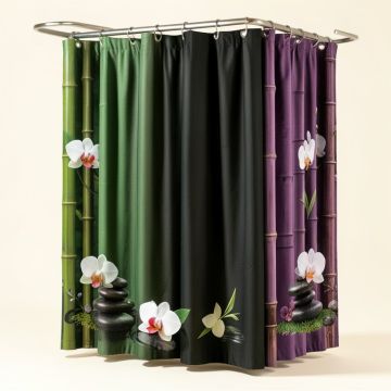 Spa Asian Relaxation With Zen Massage Stones Orchid And Bamboo Shower Curtain Set (synthetic illustration; no displayed measurements)
