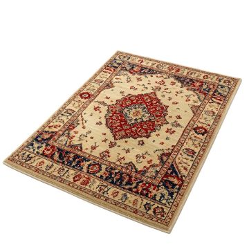 Mamora Oriental Machine Made Power Loom Wool/Polyester Beige/Red/Blue Area Rug