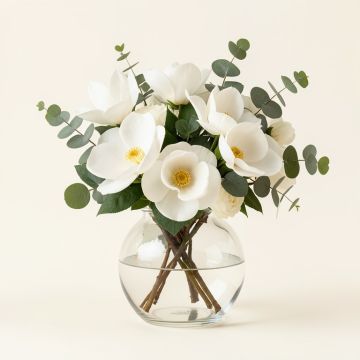Large Real Touch White Magnolia & Eucalyptus Arrangement In Rounded Glass Vase (synthetic illustration; no displayed measurements)