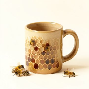 Pretty Honey Bees Around Bee Hive On Honeycomb Background Coffee Mug (synthetic illustration; no displayed measurements)