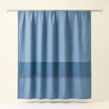 Field Dell Shower Curtain Hanging Flat From A Plain Rod - Blue (synthetic illustration; no displayed measurements)