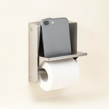 Double Roll Stainless Steel Wall Mount Toilet Paper Holder With Phone Shelf (synthetic illustration; no displayed measurements)