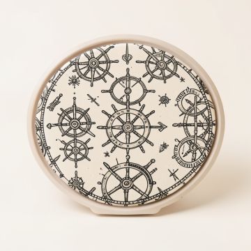 On Ship Wheel 7 Piece Coaster Set With Holder (synthetic illustration; no displayed measurements)