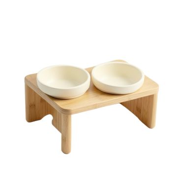 Spruce Branch Pet Feeding Stand With Two Plain Empty Bowls - Cream