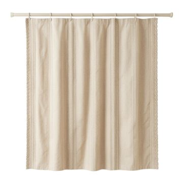 Ash Falls Shower Curtain Hanging Flat From A Plain Rod - Beige