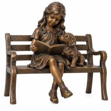 Young Girl With Her Puppy On Bench Reading Statue