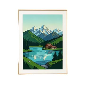 Paint By Number Mountain Cabin & Lake - Graphic Art Print On Paper