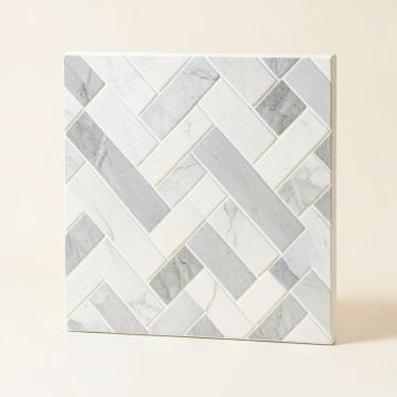 Herringbone Carrara 10 '' X 10 '' Resin Peel & Stick Mosaic Tile In White/Gray (synthetic illustration; no displayed measurements)
