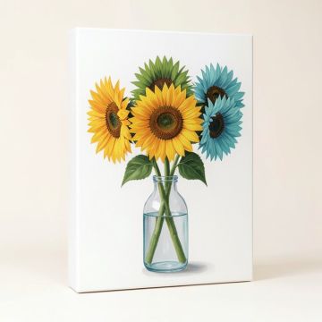 Sunflowers In Glass Bottles Painting Print On Wrapped Canvas (synthetic illustration; no displayed measurements)