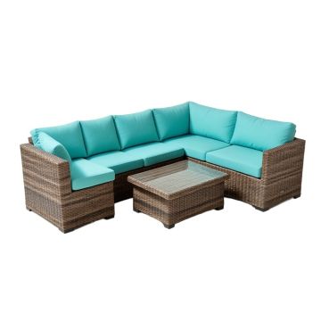 Red Barrel Studio® 4Pcs Patio Furniture Set Outdoor Rattan Sectional Sofa Set W/ Turquoise Cushions